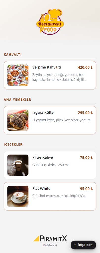 Dijital menü QR örnek sayfası