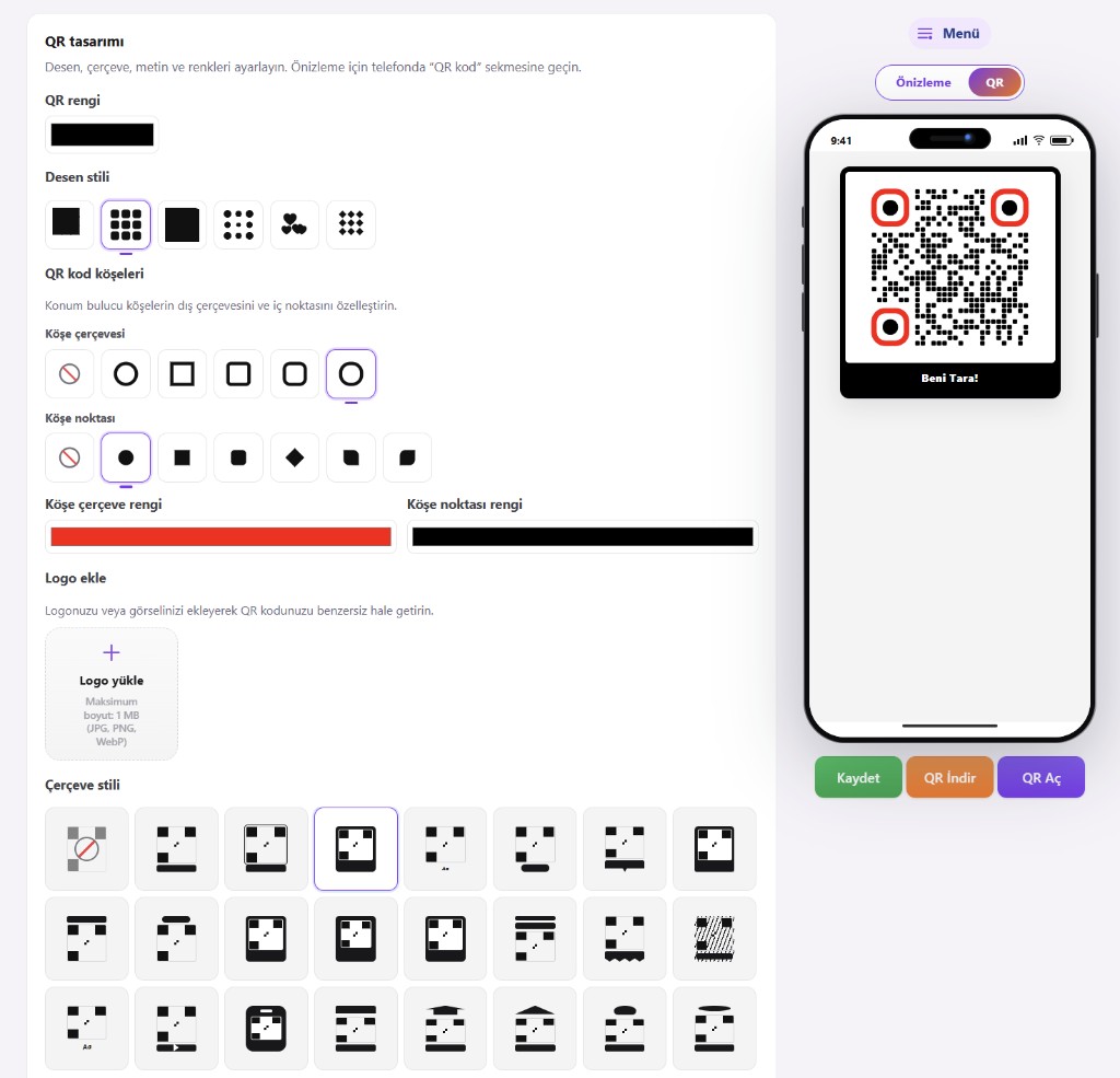 QR tasarım paneli: desen, çerçeve, renk ve canlı önizleme